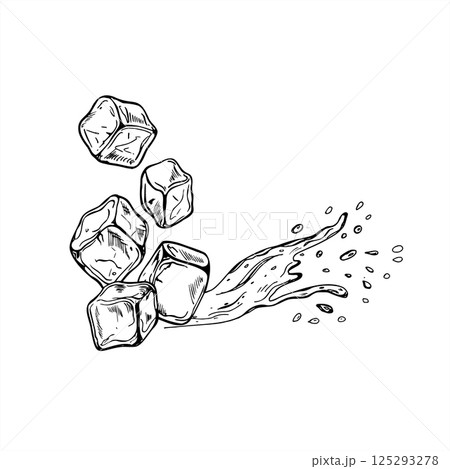 Dynamic vector illustration of ice cubes falling downward with explosive water splashes bursting from below. Frozen water cubes line art black ink sketch for labels, posters, or beverage branding. Dynamic vector illustration of ice cubes falling downward with explosive water splashes bursting from below. Frozen water cubes line art black ink sketch for labels, posters, or beverage branding. 125293278