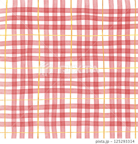 Gold Red Plaid Gingham Check Hand Drawn Background Pattern Overlay 125293314