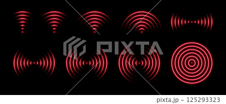 Radar waves with neon glow. Wifi signal sensor and radio frequencies. Scanning and detecting obstacles or target. Set of red vector abstract symbols. 125293323