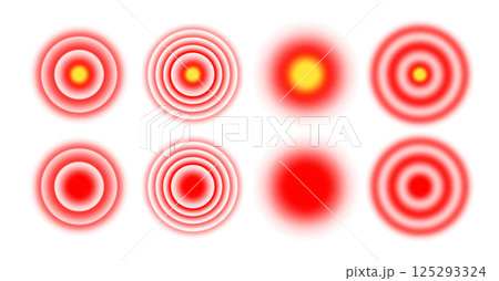 Red circle muscle, head and joint pain icon. Radial gradient to illustrate inflammation and sore stomach or teeth. Vector set of isolated elements on white background. 125293324