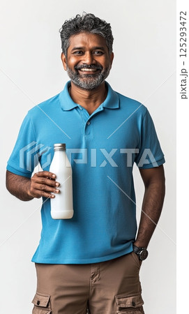 Happy Man in Blue Shirt Holding a Bottle of Fresh Milk on White Background 125293472