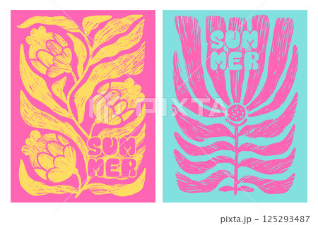 Abstract posters set with organic shape with naive geometric floral doodles. Bogo flowers with word SUMMER. Pencil textured hand drawn vector illustration. 125293487