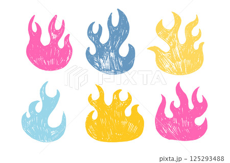 Set of fire flames with crayon, pastel or chalk texture. Color childish hand drawn vector illustration Set of fire flames with crayon, pastel or chalk texture. Color childish hand drawn vector illustration 125293488