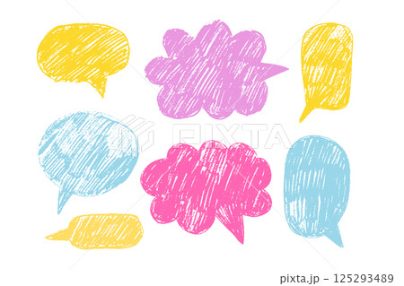 Empty colorful hand drawn grunge pencil speech bubbles set in doodle style. Hand drawn crayon, charcoal, chalk cloud message backgrounds. Vector balloon speak sign dialog communication frame. Vector 125293489