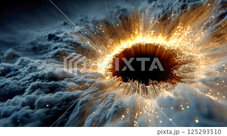 Dramatic visualization of a black hole surrounded by glowing particles and swirling clouds in deep space, evoking energy and cosmic power 125293510