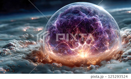 Gigantic glowing purple orb with lightning encased in swirling clouds above a vast landscape, surreal and fantastical atmosphere 125293524