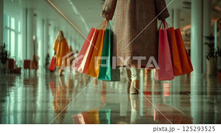 Stylish woman walks through a modern mall corridor carrying vibrant shopping bags in both hands, reflecting on the shiny floor 125293525