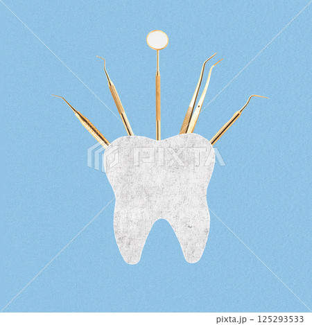 Tooth and golden dentist tools collage illustration Tooth and golden dentist tools collage illustration 125293533