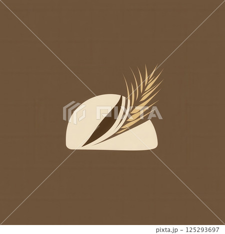 Creative minimalist bread logo featuring abstract loaf silhouette with wheat texture in warm beige and gold tones 125293697