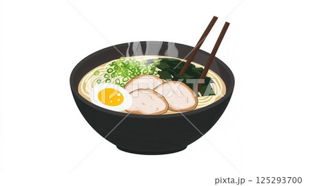 Steaming bowl of ramen with pork and green onions at a cozy dining setting Steaming bowl of ramen with pork and green onions at a cozy dining setting 125293700