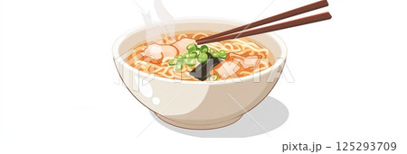 Steaming bowl of ramen with pork, seaweed, and green onions at a cozy eatery during a vibrant lunch hour 125293709
