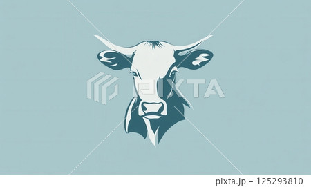 Stylized cow logo representing a dairy farm with a soft blue and white theme for branding and marketing purposes 125293810