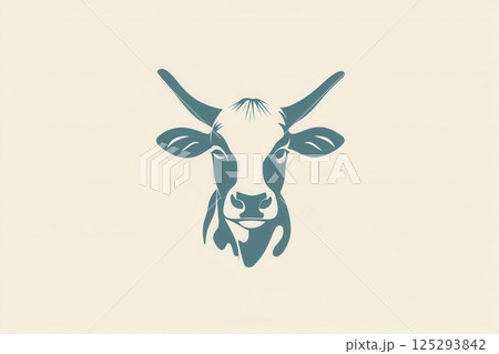 Stylized cow logo representing minimalist branding for a dairy farm with soft blue and white colors Stylized cow logo representing minimalist branding for a dairy farm with soft blue and white colors 125293842