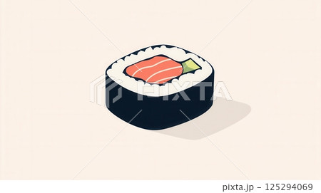 Colorful flat sushi roll representing Japanese cuisine in a clean minimal design with pastel tones highlighting the dish 125294069