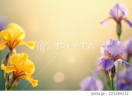 In a tranquil garden, bright yellow and delicate purple irises flourish, bathed in soft sunlight. The colors blend harmoniously, invoking a sense of peace and beauty in nature Generative AI 125294112