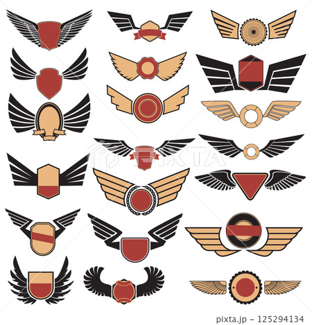 Aviation insignia wing set. Set of the vector emblems with wings. Retro vector design graphic element, emblem, logo, insignia, sign, identity, logotype, poster. Vector design elements. 125294134