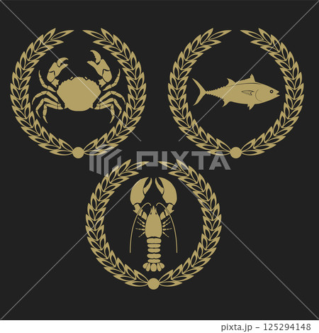 Set of  the fresh seafood labels. Seafood emblems. Seafood icons. Vector design elements. 125294148