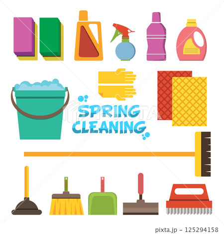 Spring Cleaning flat design illustration. Cleaning icons vector set. Icons of clean service and cleaning tools. Design elements in vector. 125294158