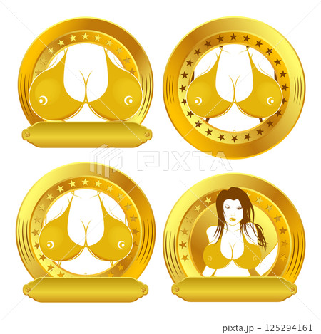 Strip club logo template. Big womans tits. Design elements for logo, label, badge, emblem, sign. Strip club logo template. Big womans tits. Design elements for logo, label, badge, emblem, sign. 125294161