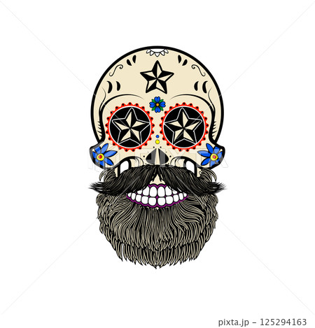 Sugar skull with hair and beard. The day of the Dead. The template for printing on T-shirts. Vector illustration. 125294163