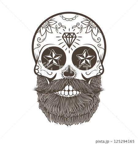 Sugar skull with hair and beard. The day of the Dead. The template for printing on T-shirts. Vector illustration. 125294165