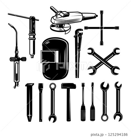 Set silhouettes of tools. Open-end wrench, adjustable wrench, spanner, hammer 125294186