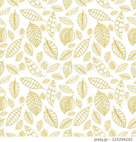White and gold seamless pattern with leaves. Styles hand drawn leaves pattern. Vector design element. 125294202