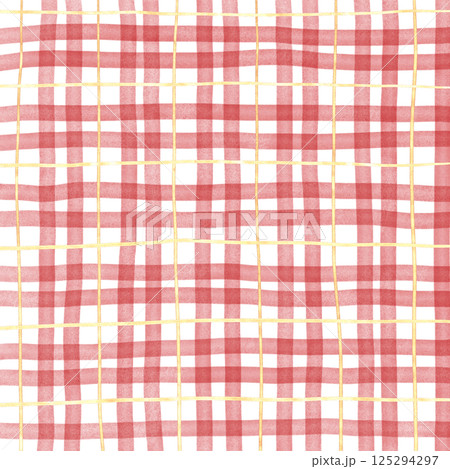 Gold Red Plaid Gingham Check Hand Drawn Background Pattern Overlay 125294297
