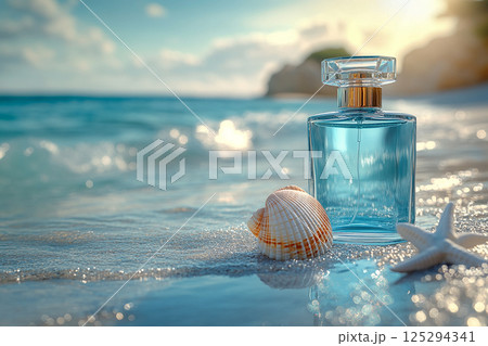 Modern perfume bottle adorned with water droplets and a subtle light reflection on summer beach background. Modern perfume bottle adorned with water droplets and a subtle light reflection on summer beach background. 125294341