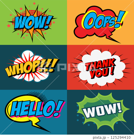 Set of comic style phrases on colorful background. Pop art style phrases set. Wow! Oops! Whop!  Design element for poster, flyer. Vector design element. 125294410