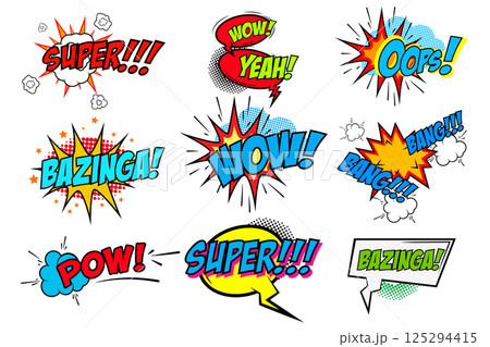 Set of comic text, Pop art style phrases. Waw, Pow, Bang-Bang, Super!, Bazinga, Oops! Vector design elements. 125294415