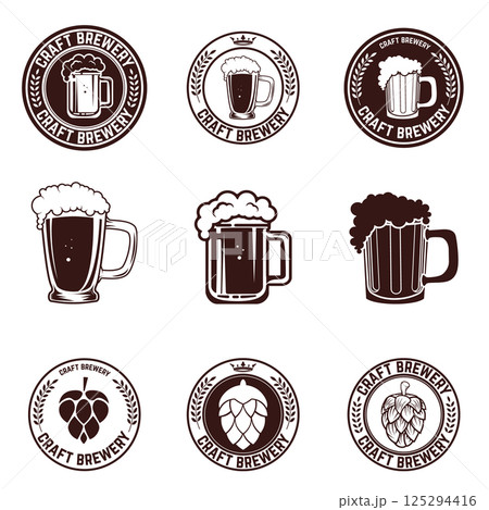 Set of craft beer labels. Set of vintage beer mugs. Design elements for logo, label, emblem, sign, badge .Vector illustration. Set of craft beer labels. Set of vintage beer mugs. Design elements for logo, label, emblem, sign, badge .Vector illustration. 125294416