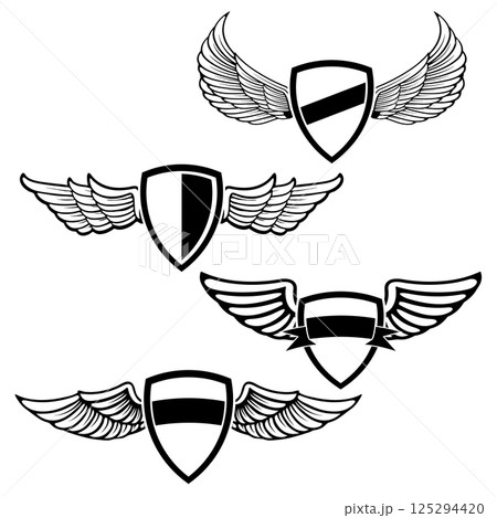 Set of emblem templates with wings. Design element for logo, label, emblem, sign, brand mark. Vector illustration. Set of emblem templates with wings. Design element for logo, label, emblem, sign, brand mark. Vector illustration. 125294420