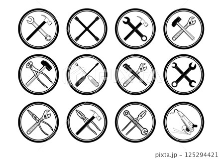 Set of equipment icons set. Vector labels with tools. Design elements for logo, label, emblem, sign, badge. Vector illustration. Set of equipment icons set. Vector labels with tools. Design elements for logo, label, emblem, sign, badge. Vector illustration. 125294421
