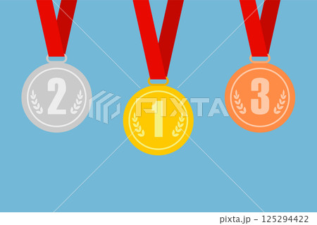 Set of gold, bronze and silver medals on red ribbons. Winner. Medal icons. Set of design elements in vector. Set of gold, bronze and silver medals on red ribbons. Winner. Medal icons. Set of design elements in vector. 125294422