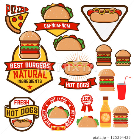 Set of hot dogs, hamburgers, tacos labels, badges and design elements Set of hot dogs, hamburgers, tacos labels, badges and design elements 125294425