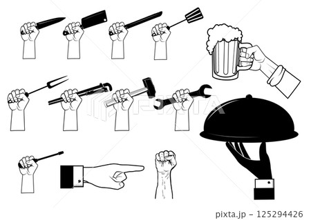 Set of human hands with different tools. Hand with beer mug. Hands with work tools. Design elements in vector. 125294426