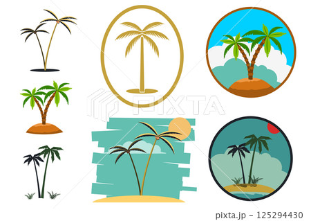 Set of palm tree labels and design elements. Vintage palms illustrations. Vector design  element for emblem, logo, insignia, sign, identity, logotype, poster. 125294430