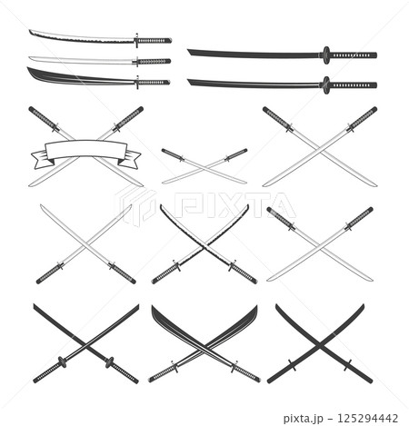 Set of the katana swords. Samurai and ninja weapon in retro style. Crossed samurai swords collection. Ninja shurikens. Set of the katana swords. Samurai and ninja weapon in retro style. Crossed samurai swords collection. Ninja shurikens. 125294442