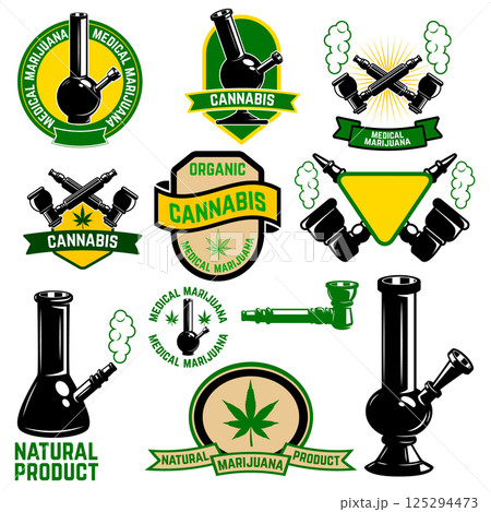 Set of cannabis labels. Medical marijuana, bong shop. Design elements for logo, label, emblem, sign, brand mark. 125294473