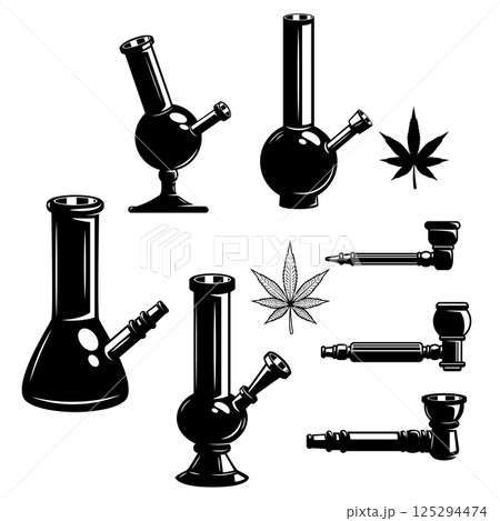 Set of cannabis leafs, bongs. Marijuana labels, badges, emblems and design elements. Medical marijuana. Set of cannabis leafs, bongs. Marijuana labels, badges, emblems and design elements. Medical marijuana. 125294474