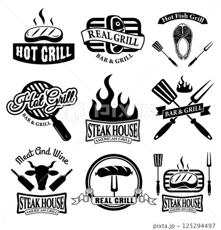 Set of grill bar labels, logos and badges templates. Steak house label. Grill restaurant label and design elements. beef, grilled salmon, steak, bbq labels. Set of grill bar labels, logos and badges templates. Steak house label. Grill restaurant label and design elements. beef, grilled salmon, steak, bbq labels. 125294497
