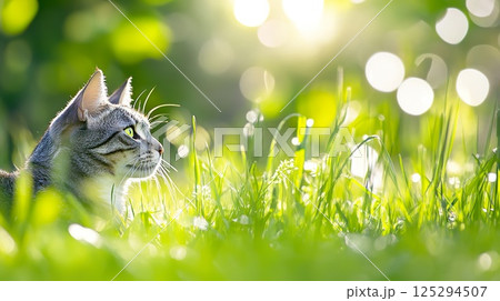 Tabby cat relaxing in sunlit grass surrounded by nature. 125294507