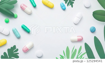 Colorful pills and supplements with green leaves on white surface. Colorful pills and supplements with green leaves on white surface. 125294541