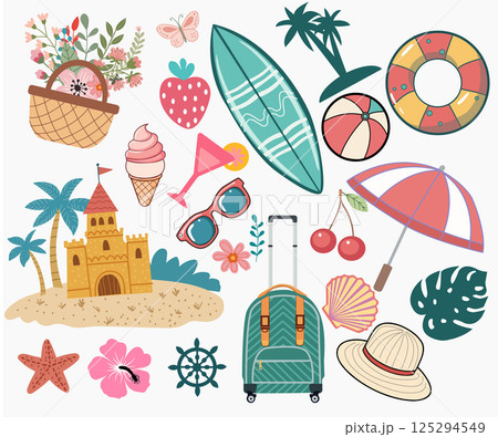summer vacation and beach elements, sunglasses, umbrella, ball other travel elements. 125294549