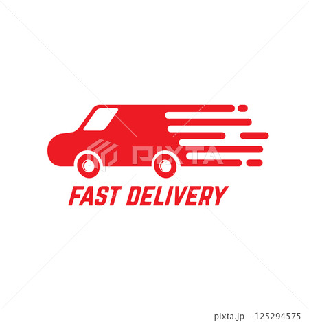 Fast delivery icon. Illustration of very fast riding car. Design element for logo, label, emblem, sign. Vector design element Fast delivery icon. Illustration of very fast riding car. Design element for logo, label, emblem, sign. Vector design element 125294575