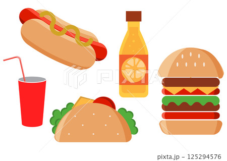 Fast food icons set. Junk food. Set of colorful fast food icons isolated on white background. 125294576