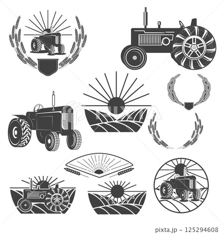 Set of agriculture company logo templates and design elements. wheat wreath, tractor, farmers pick-up. Design elements in vector. 125294608