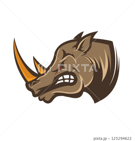 Angry rhino head isolated on white background. Sport team or club emblem template. Design element for logo, label, sign, badge. Vector illustration. Angry rhino head isolated on white background. Sport team or club emblem template. Design element for logo, label, sign, badge. Vector illustration. 125294622