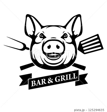 Bar and grill. Pig head with kitchen tools. Design element for restaurant menu, poster. BBQ invitation card. Vector illustration. 125294635